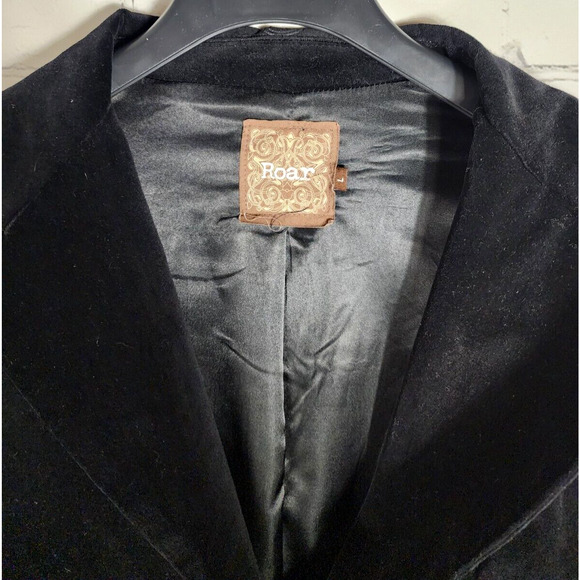 ROAR VELVET Blazer Jacket Mens Sz L Black Graphic Print Two Button Elbow Patch - Picture 4 of 5